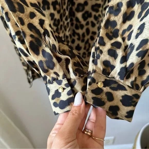 Zara Animal Printed Leopard Oversized Blouse Button Down Shirt Collar - Picture 5 of 7